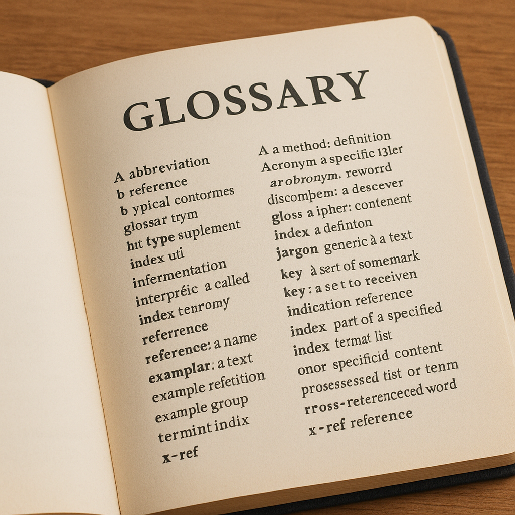 O carte deschisă reprezentând un glosar.